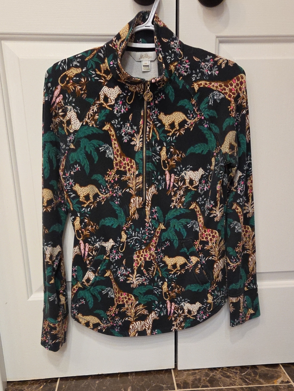 Lilly Pulitzer Black Zip Pullover with Green and Gold Jungle Print